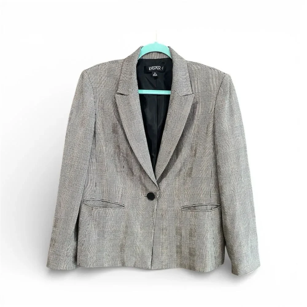 Classic Professional Gray Plaid Blazer One Button Tailored Career Jacket Size 14 - Picture 1 of 7